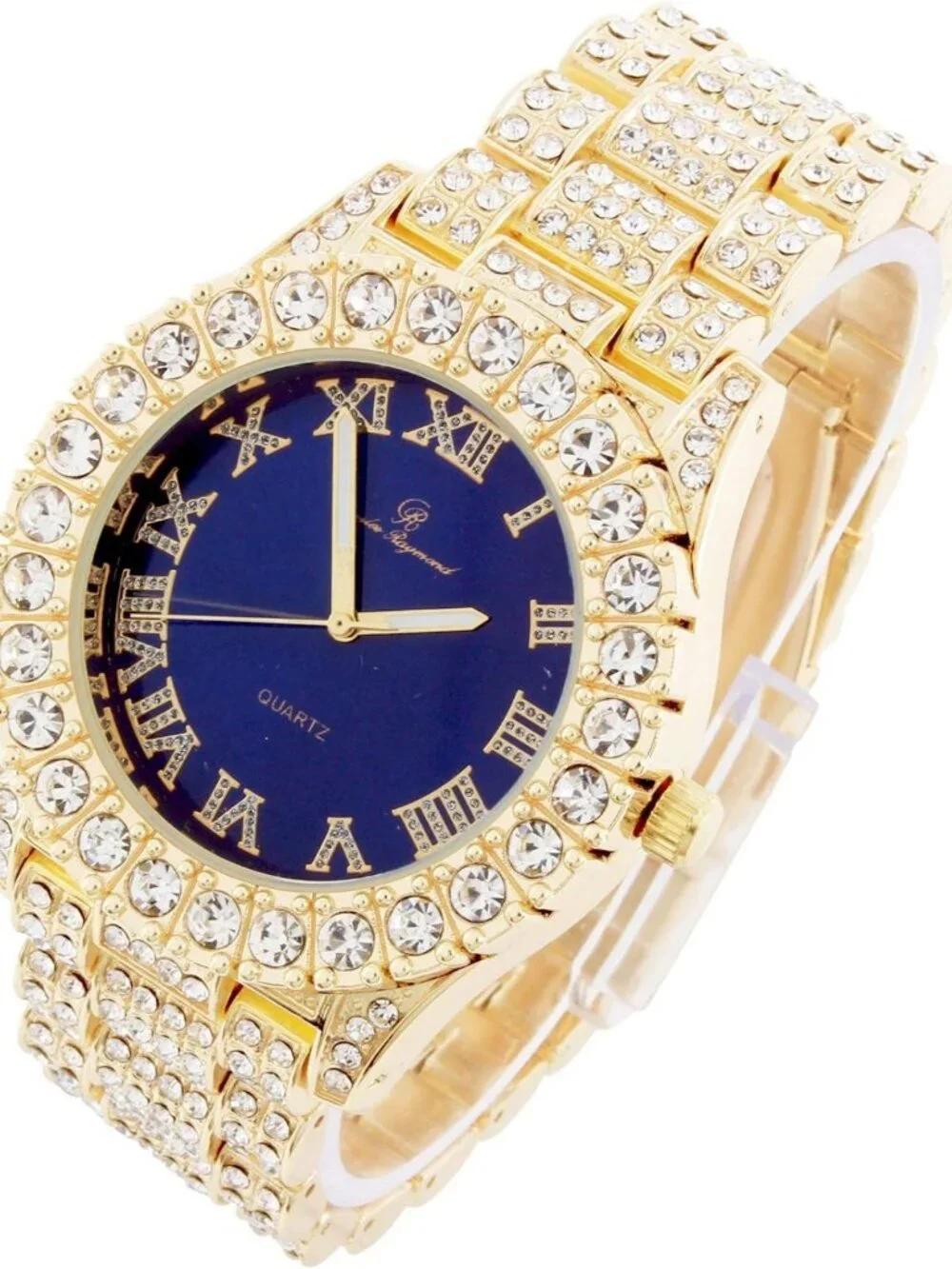Iced Out Men's Watch Set with Roman Numerals, Cuban Chain Bracelet & Ring - 3pc